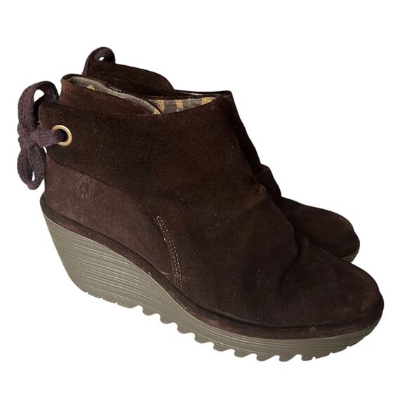 Fly London Shoes - Fly London Yebi Suede Wedge Ankle Booties In Rich Brown Size 10